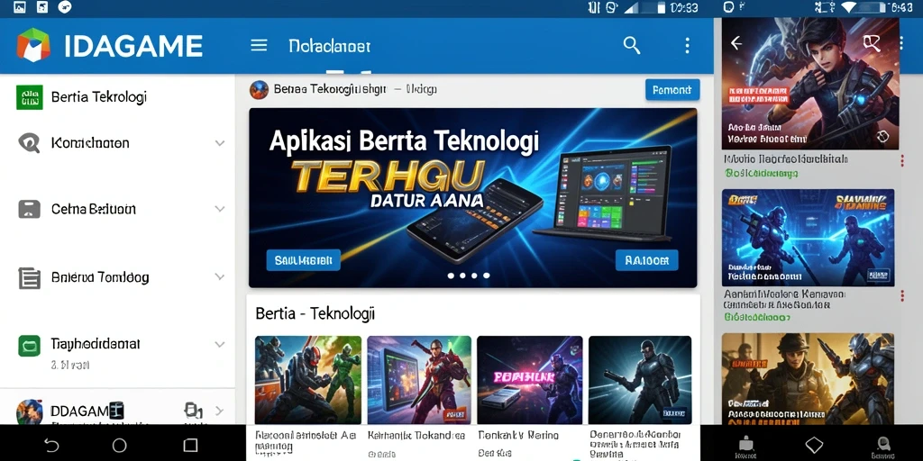Antarmuka aplikasi IDAGAME dengan riset berita Teknologi.