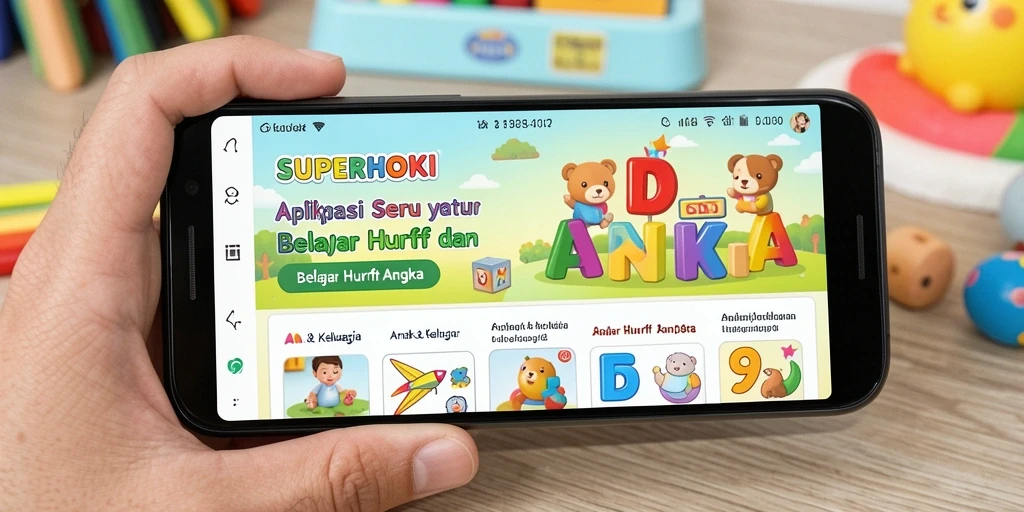 Antarmuka SUPERHOKI yang interaktif untuk belajar huruf dan angka.